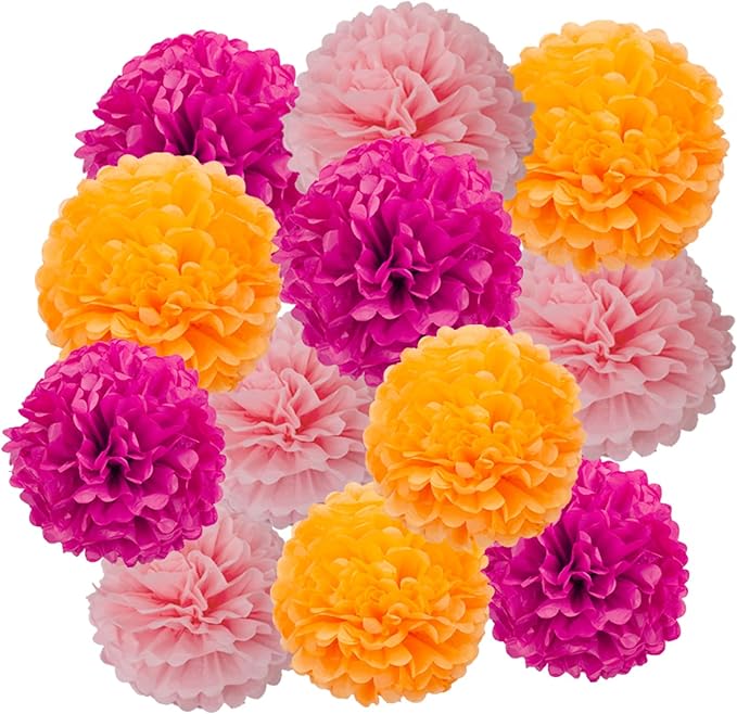 Hot Pink Orange and Pink Tissue Pom Poms Paper Kit DIY Decorative Flowers Ball for Birthday Party Wedding Hanging Decorations Pack of 12 10in12in
