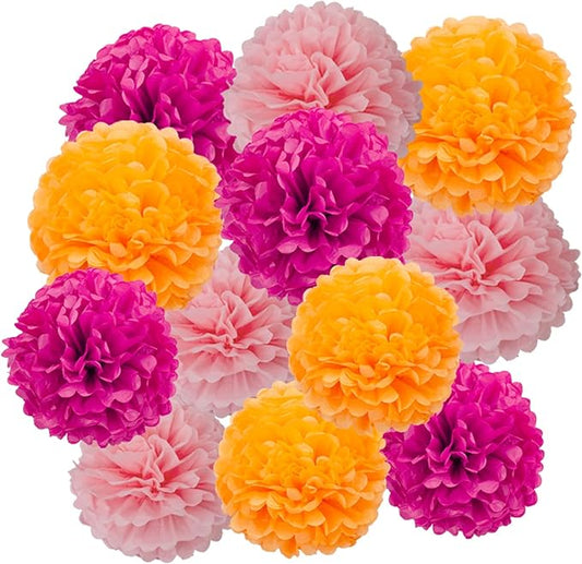 Hot Pink Orange and Pink Tissue Pom Poms Paper Kit DIY Decorative Flowers Ball for Birthday Party Wedding Hanging Decorations Pack of 12 10in12in