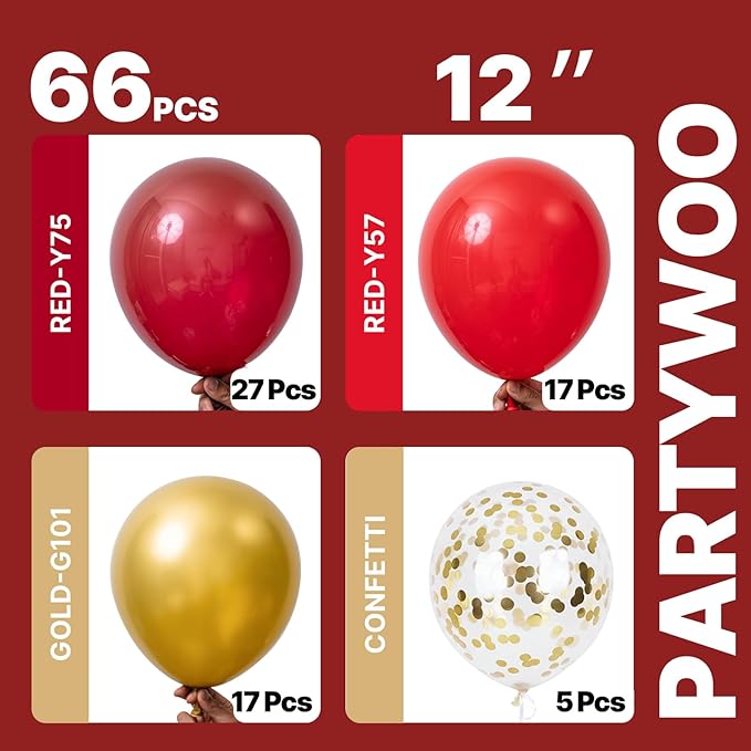 PartyWoo Red and Gold Balloons 66pcs 12 10 Inch Matte Red Burgundy Metallic Chrome Gold Confetti Balloons for Graduation Baby Shower Birthday New Year's Eve Anniversary Christmas Party Decorations