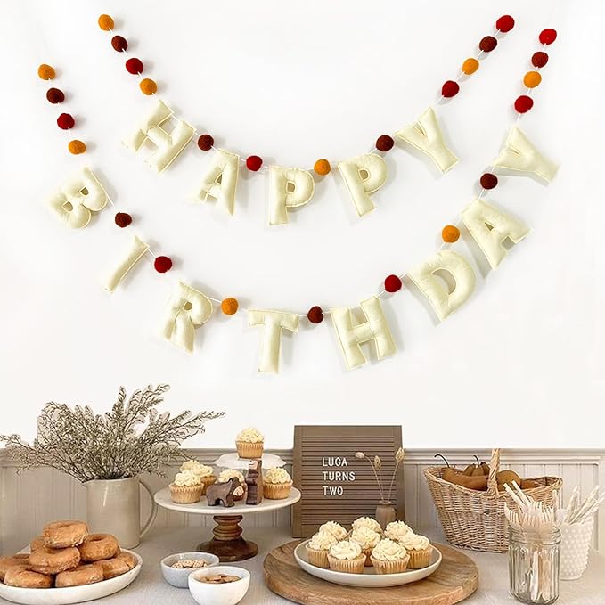 Boho Felt Happy Birthday Banner, Bohemian Birthday Party Decorations,Natural Handmade Wool Letters & Balls, Boho Happy Birthday Garland for kids Birthday Parties Window Door Mantels Decor Ready To Hang