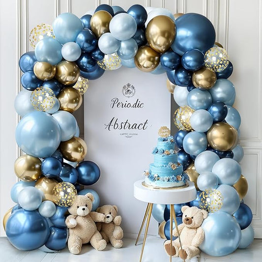 Blue and Gold Balloons Arch Kit - 119 PCs Double Stuffed Pastel Blue Balloons Dusty Navy Light Metallic Blue Gold Confetti Balloons for Bridal Shower Wedding Birthday Party Decorations