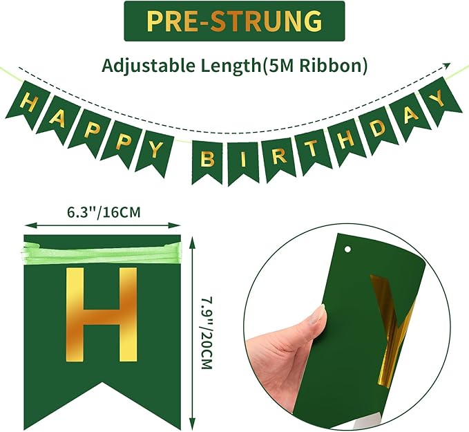 Green Happy Birthday Banner,Dark Green and Gold Party Decorations Sigh for Decor,Backdrop Birthday Party Supplies,No DIY for Girls Boys Kids and Women Party Hanging(Pre-Strung,16ft)