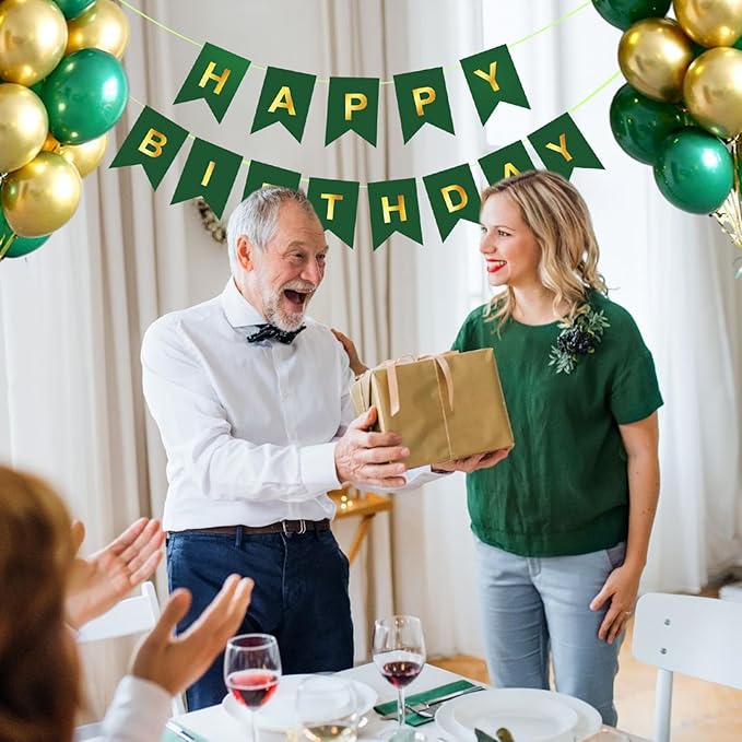 Green Happy Birthday Banner,Dark Green and Gold Party Decorations Sigh for Decor,Backdrop Birthday Party Supplies,No DIY for Girls Boys Kids and Women Party Hanging(Pre-Strung,16ft)