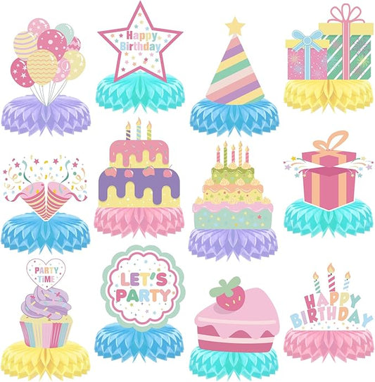 12 Pieces Happy Birthday Centerpiece Decorations Pastel Birthday Table Decorations Rainbow Macaron Bday Centerpieces for Tables for Girls Women Pastel Birthday Party Supplies