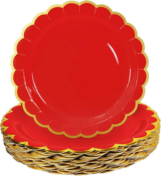 HEIPINIUYE 50 Pieces Red Paper Plates with Gold Foil 9 Inch Disposable Red Scalloped Dinner Plates for Wedding Baby Shower Birthday Party Dessert Plate