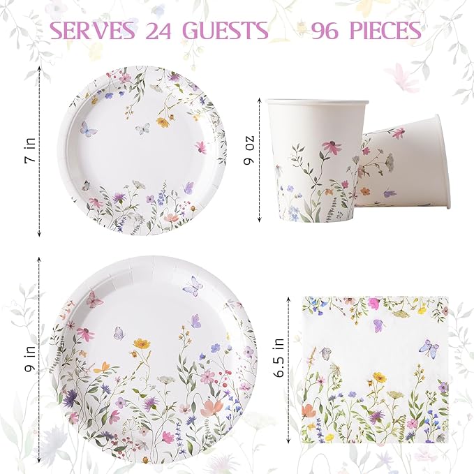 96PCS Wildflower Paper Plates and Napkins, Disposable Floral Plates for Bridal Shower, Garden Party, Wedding, Mother's Day, Spring Party, Baby Shower, Afternoon Tea Party