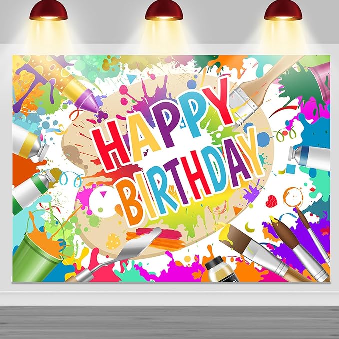 Mocsicka Art Paint Happy Birthday Backdrop Banner Painting Themeed Birthday Party Decorations Sip and Paint Happy Birthday Background for Photography (Colorful, 10x7ft(120"x82"))