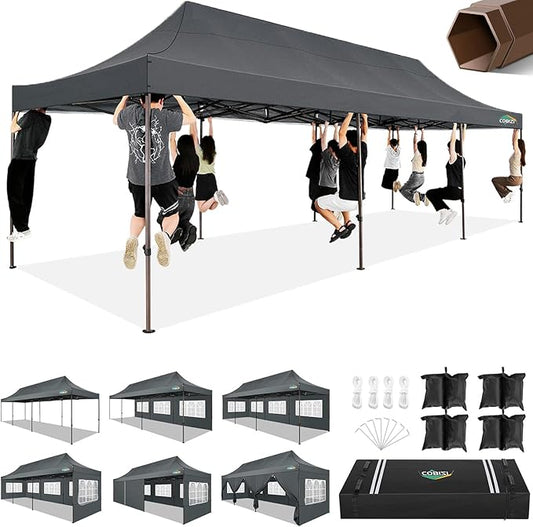 COBIZI 10x30 Pop Up Heavy Duty Canopy with 8 Sidewalls and Hexagonal Legs, Easy up Tent for Party, Wedding and Commercial, Outdoor Canopy with Carry Bag, Waterproof & UPF50+ (Gray)