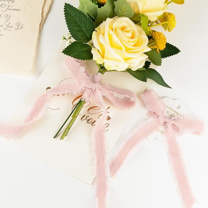 Pink Cotton Ribbon 5/8 Inch Pink 3 Rolls 21 Yards Frayed Edge Fabric Set for Bridal Shower, Baby Shower, Wedding Invitations, Birthday Party & Gift Wrapping