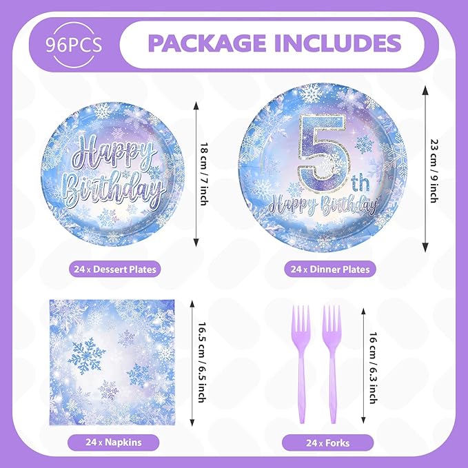 Grencian 96Pcs Frozen Party Supplies Plates Winter Onderland 5th Birthday Plates Winter Snowflake Happy 5th Birthday Tableware Disposable for Kids Girls Frozen Themed Party Christmas