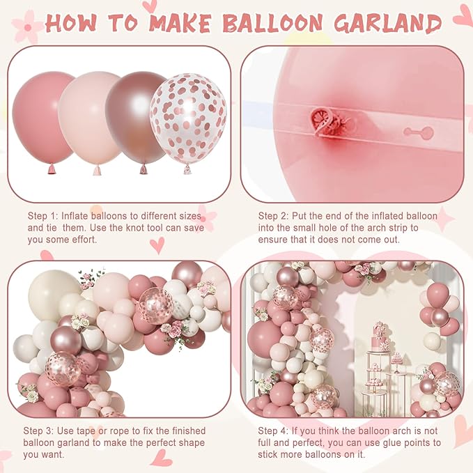 Ouddy Life 156Pcs Boho Blush Pink Balloons Arch Garland Kit, Retro Dusty Pink Mother's Day Balloons Nude Rose Gold Confetti for Girls Baby Shower Weddings Birthday Bachelorette Party Decorations