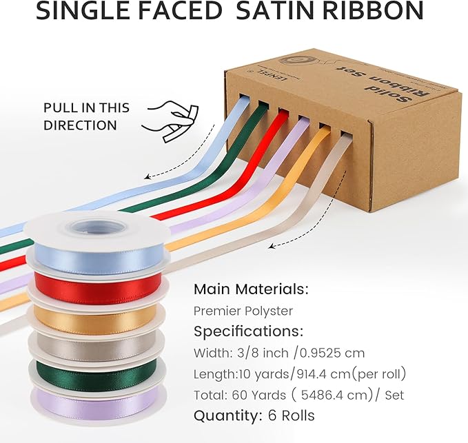 Ribbon for Gift Wrapping, 3/8 inch x 60 Yard, Thin Satin Ribbons for Crafts, Flower Bouquet Bridal Shower Wreath Hair Continuous Birthday Party Decorations