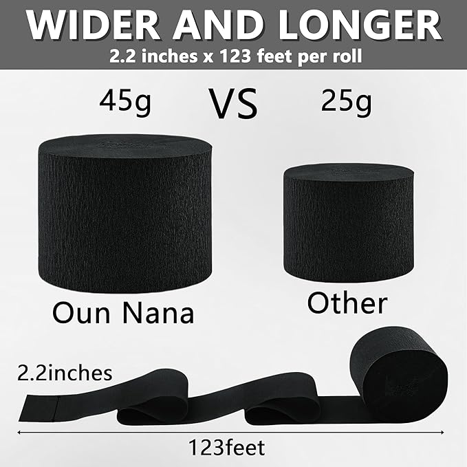 Crepe Paper Streamers 6 Rolls Black Streamers 2.2 Inches 738 Feet, Streamers Party Supplies DIY Crafts for Birthday, Wedding, Baby Shower, Bachelorette Party, Graduations Decorations, Black