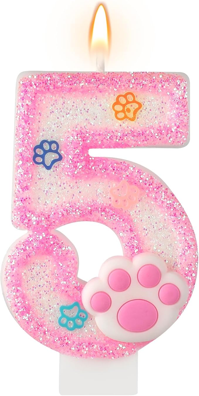 AKURIEEY Dog and Cat 5th Birthday Candle Pink Numbers 5 Candle Paw Cake Topper Cupcake Decorations for Pet Theme Party Decor Anniversary Celebrations Supplies
