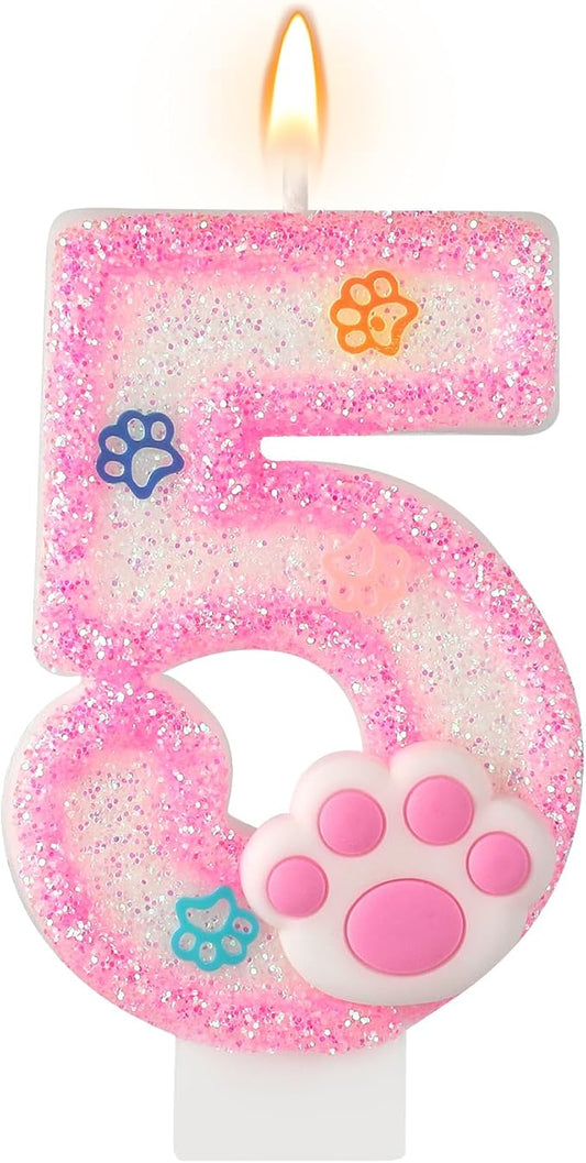 AKURIEEY Dog and Cat 5th Birthday Candle Pink Numbers 5 Candle Paw Cake Topper Cupcake Decorations for Pet Theme Party Decor Anniversary Celebrations Supplies