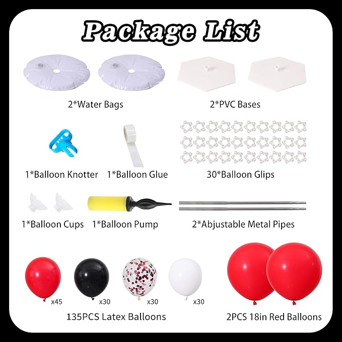 Red and Black White Balloon Column Stand Kit Set of 2 with 135PCS Red and White Black Balloon Arch Kit Balloon Towers for Valentine's Day Graduation Casino Night Cars Birthday Party Decorations