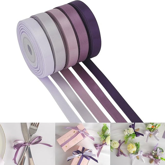 HUIHUANG Satin Ribbon 3/8 inch x 5 Rolls, Lilac, Dusty Purple, Lavender, Amethyst and Purple for Crafts, Gift Wrapping, Hair Decor, Wedding, Bridal Shower Decor - Total 50 Yards