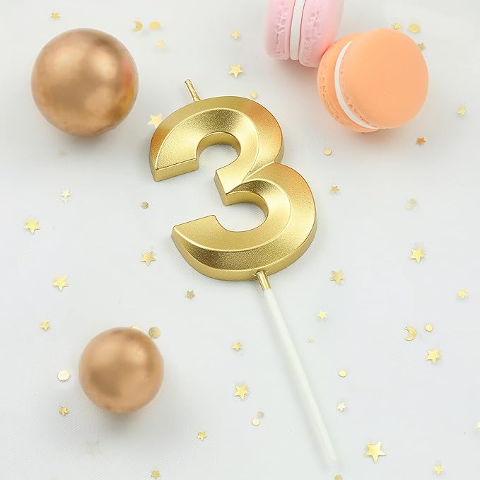 2.76 Inch Diamond Gold 3 Number Birthday Candles, Gold Number Candles, Cake Number Candles, Party Celebration