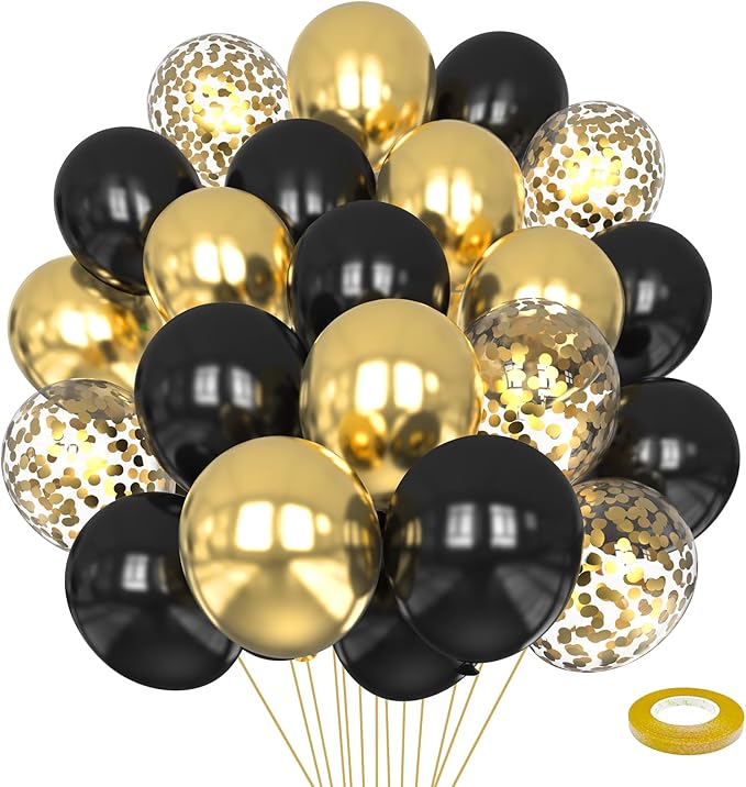 Black and Gold Balloons, 60PCS 12 Inch Gold and Black Confetti Balloons, Gold Latex Balloons for Birthday New Year Wedding Graduation