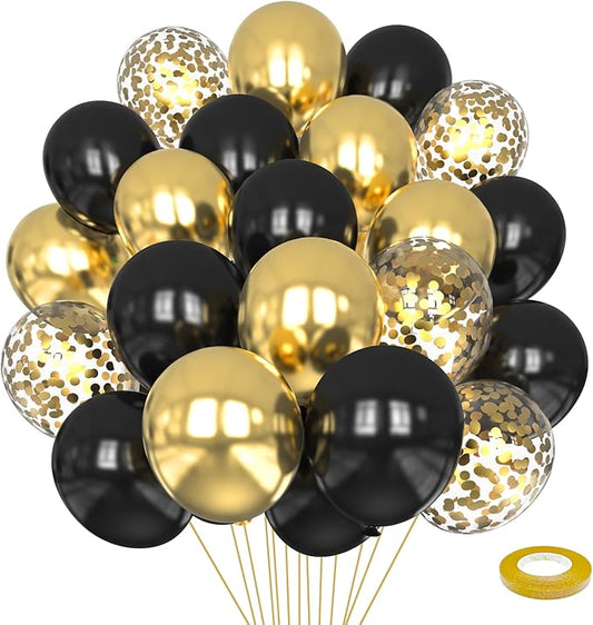Black and Gold Balloons, 60PCS 12 Inch Gold and Black Confetti Balloons, Gold Latex Balloons for Birthday New Year Wedding Graduation