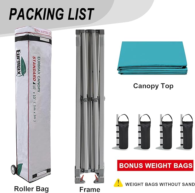 Eurmax USA 10x10ft Pop Up Canopy,Commercial Instant Tent for Outdoor Events,Patented No-Tip Rolling Storage Bag with 4 Sandbags,UV & Water Resistant,Heavy Duty Portable Shelter Gazebo,Turquoise