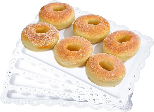 Frigg 4 Pack Serving Trays for Party with Lace Rim,Rectangle Food Trays, Reusable White Plastic Serving Platters Food Display for Birthday Party, Wedding, Restaurant, 14.45" x 9.33"