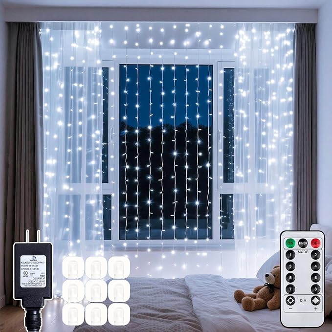 200 LED Curtain String Lights 9.8 * 6.6FT Plug in Fairy with Timer and 8 Modes, Waterproof Window Wall Lights for Bedroom Wedding Party Indoor Outdoor Christmas Decor