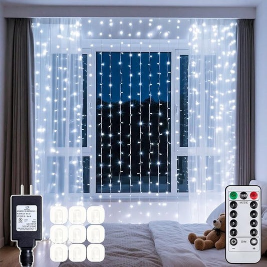 200 LED Curtain String Lights 9.8 * 6.6FT Plug in Fairy with Timer and 8 Modes, Waterproof Window Wall Lights for Bedroom Wedding Party Indoor Outdoor Christmas Decor