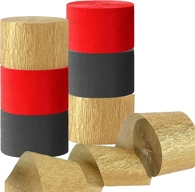 CC wonderland zone 6 Rolls Gold Black and Red Crepe Paper Streamers for Birthday Graduate Party Decorations,82 feet Long 1.77 inch Wide