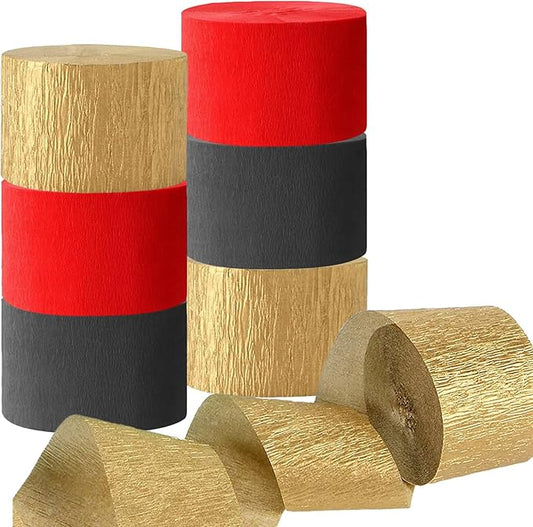 CC wonderland zone 6 Rolls Gold Black and Red Crepe Paper Streamers for Birthday Graduate Party Decorations,82 feet Long 1.77 inch Wide