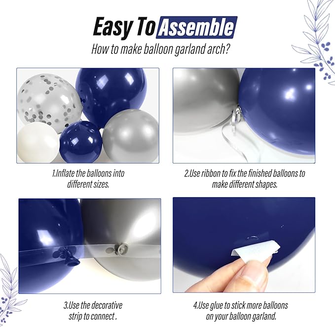 Navy Blue and Silver Balloon Garland Arch Kit, Royal Blue Metallic Silver White Balloons for Birthday Baby Shower Wedding Graduation Party Decorations