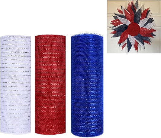 3 Rolls Red White and Blue Deco Mesh Ribbon for Wreath Making Supplies, 10 Inch x 30FT Metallic Foil Burlap Deco Mesh Fabric for 4th of July Patriotic Door Wreath Swags and Decorating