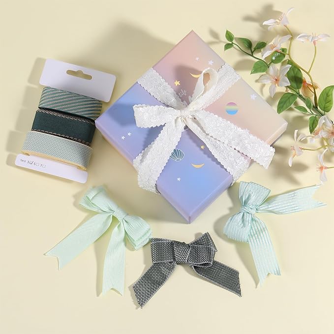 BEEFLYING 3 Styles 9 Yard Olive Green Wire Edged Ribbons Wrapping Decoration 25~28mm×2.7m Twill Ribbons for Wedding Party Decoration Hair Bows Flower Designs Sewing and Craft