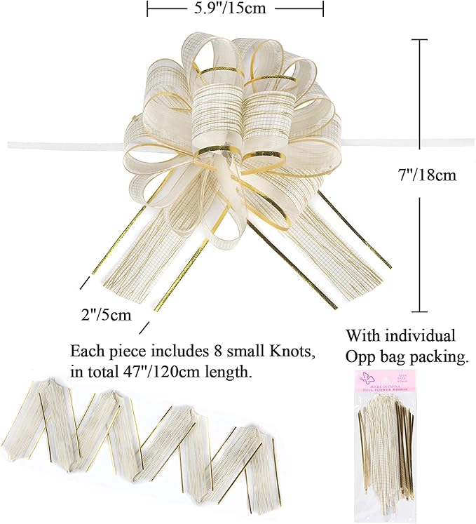 10 PCS Large Pull Bow Gift Wrapping Bows, Pull Bow with Ribbon for Wedding Gift Baskets, Party Gift Wrap Bows, Presents Decorating Bows (White)