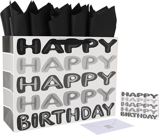 Qirrmiy 16.5" Extra Large Black Happy Birthday Gift Bag Set with Handles, Greeting Card, Tissue Papers and Stickers for Men Boys Kids Teens, Words Design, 1 Pcs