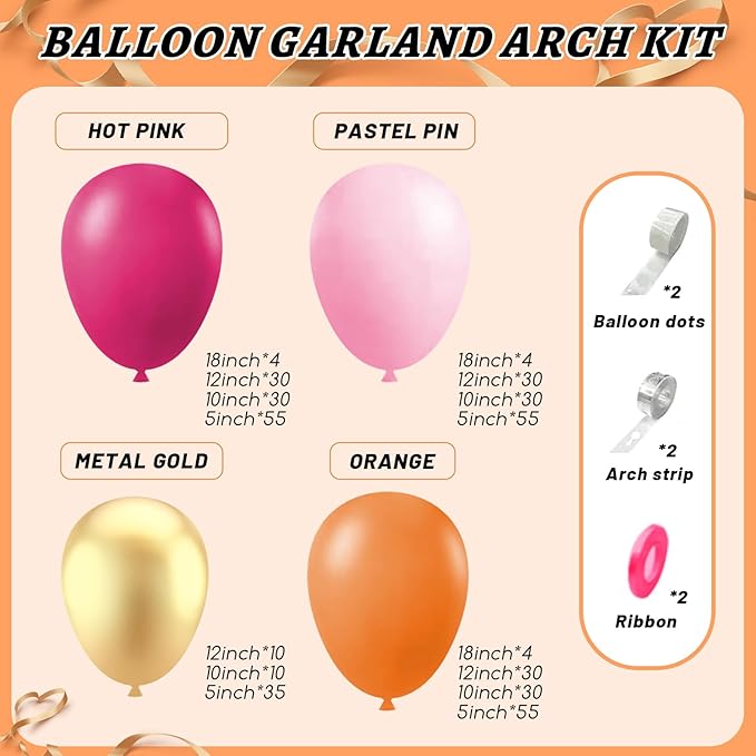 Pink and Orange Balloon Arch Kit,412Pcs Hot Pink Orange Metallic Gold Latex Balloon Garland kit 18 12 10 5 Inch Different Size Balloons for Birthday Wedding Tropical Summer Party Decorations
