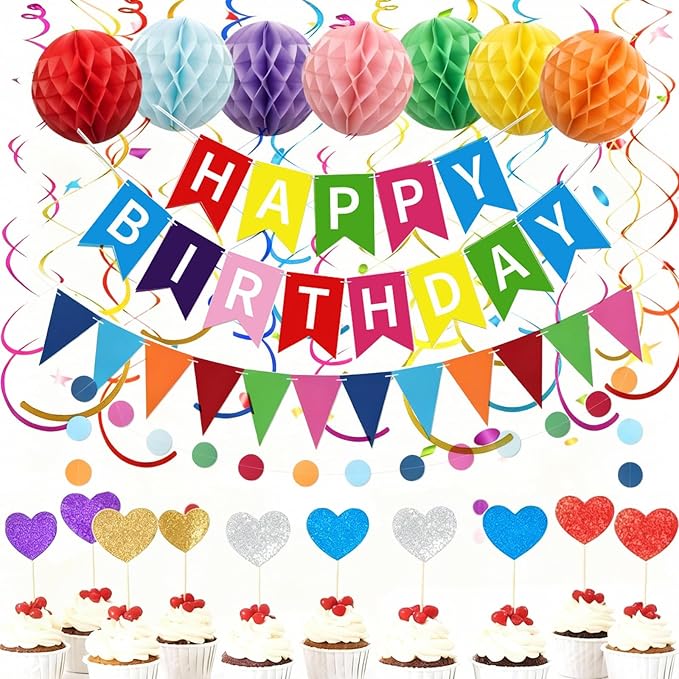 Happy Birthday Decorations, 60Pcs Rainbow Happy Birthday Banner Decorations for Men Women Party Supplies