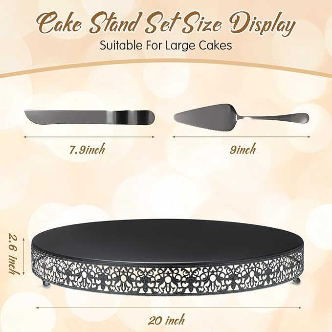 Wenqik 20 Inch Black Cake Stand Set Metal Round Cupcake Dessert Stand with Cake Cutting, Spatula Wedding Cupcake Pastry Display Candy Holder Display for Wedding Party Birthday Baby Shower(Classic)