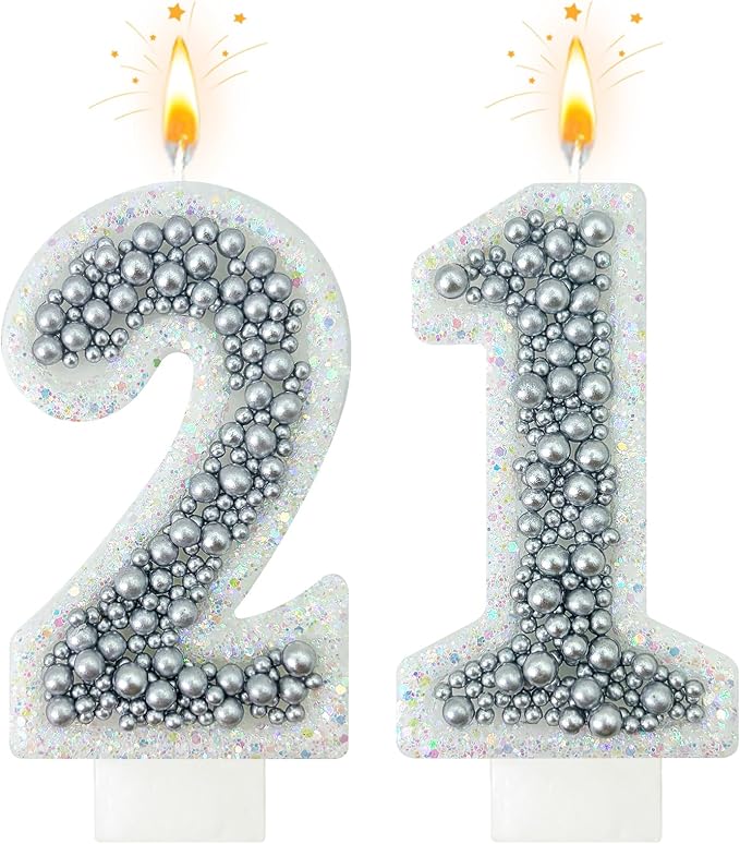 21 Birthday Number Candle for Cake, Glitter Number Candle with Silver Beads, Decorative Cake Topper for Milestone Celebrations
