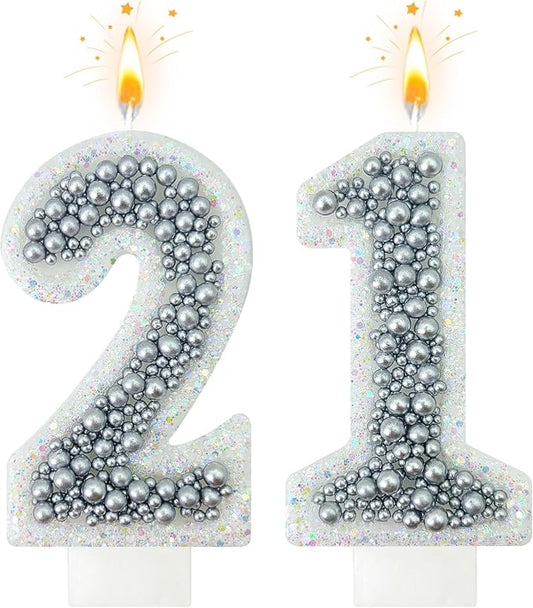 21 Birthday Number Candle for Cake, Glitter Number Candle with Silver Beads, Decorative Cake Topper for Milestone Celebrations