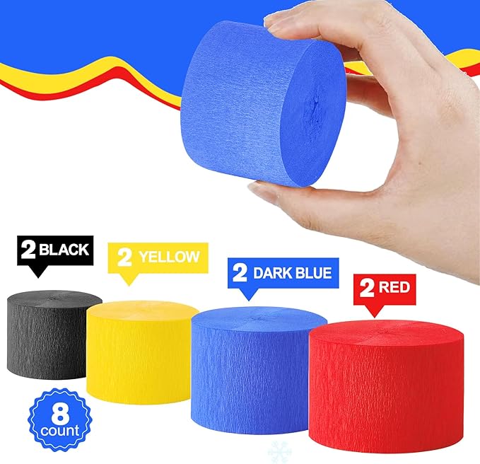 Cartoon Hedgehog Themed Decorations, 8 Rolls Red Blue Crepe Paper Streamers, Yellow Pin Black Streamer Party for Boys Kids Carnival Circus Birthday Party Decorations