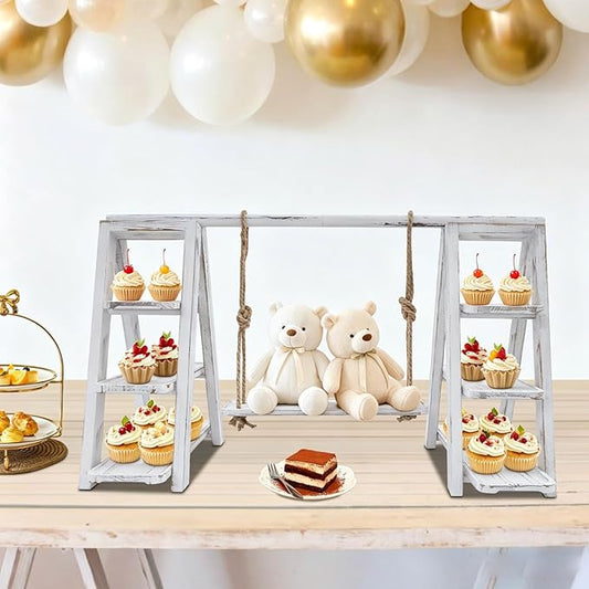 3 Tier Wooden Cake Stand with Tray Ladder,28.3×16.9 in Dessert Table Display Set, Cake Pop Stand,for Parties,Birthdays,Weddings, Baby Showers,etc (White)
