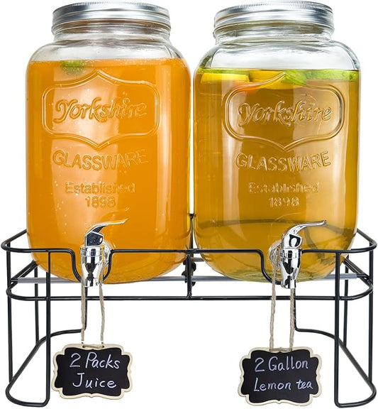 2 Gallon Larger Glass Drink Dispenser for Parties, 2 Packs Juice Lemonade Ice Tea Water Dispenser with Stand, HENABLE Beverage Dispensers with Spigot for BBQ, Picnic, Party