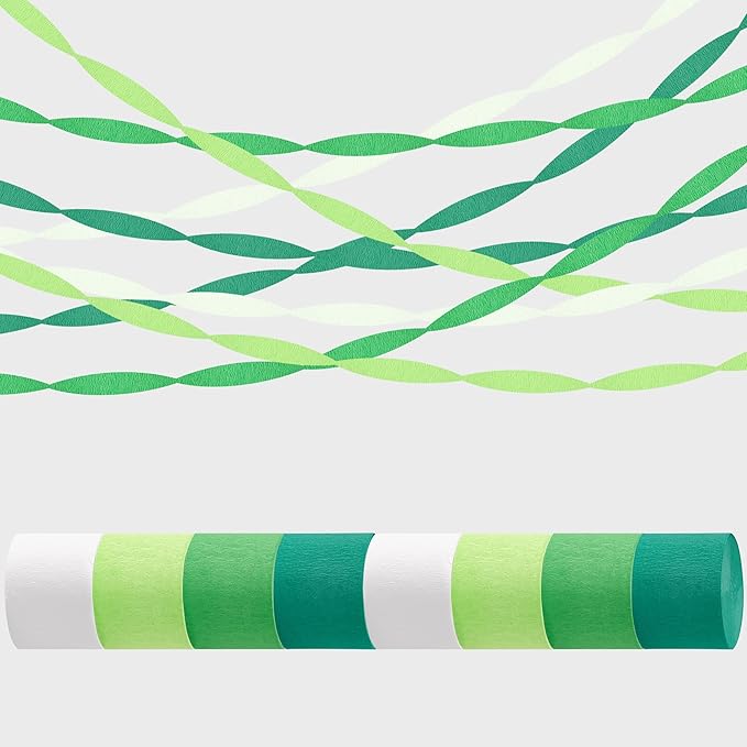 Green Streamers Party Decorations, 8 Rolls 656ft Green and White Crepe Paper Streamers for St. Patrick's Day Decorations Jungle Decorations Birthday Spring Forest Baby Shower Wedding Party Supplies