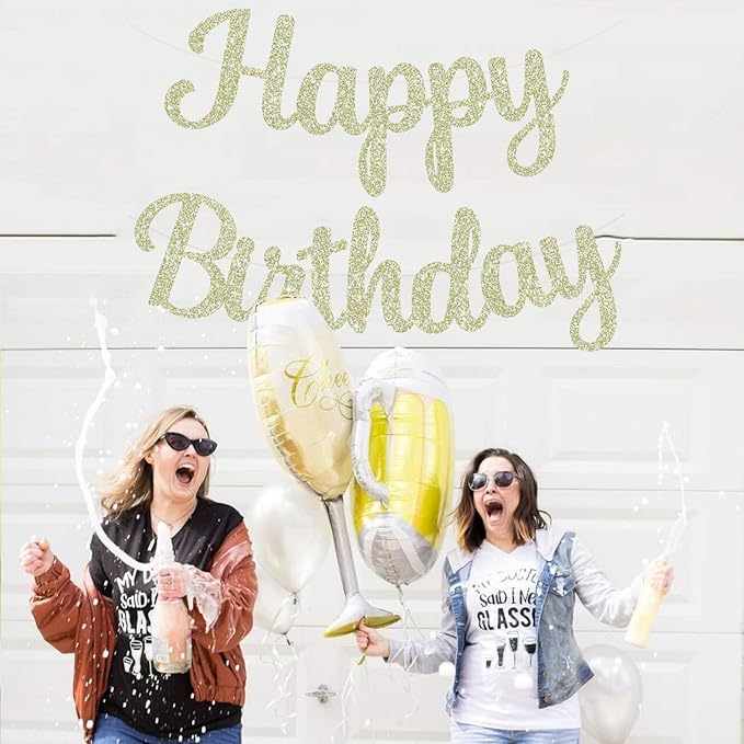 BEISHIDA Happy Birthday Banner - NO DIY,Light Gold 10Feet Pre-Strung-Glitter Birthday Sign Garland Backdrop Decorations for Women men Party