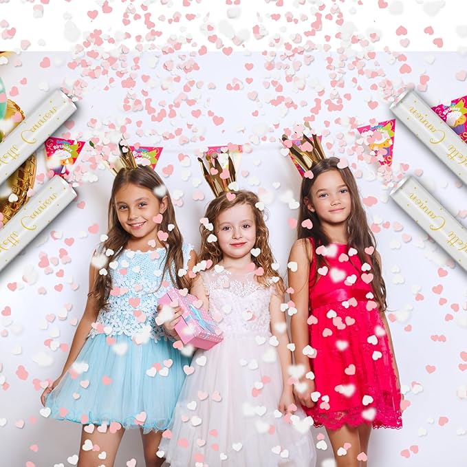 12" Confetti Cannons with Pink & White Heart Filling - Party Poppers for Gender Reveal Baby Shower Bridal Shower Valentine Wedding Anniversary - Easy to Use - Biodegradable Confetti - Pack of 2