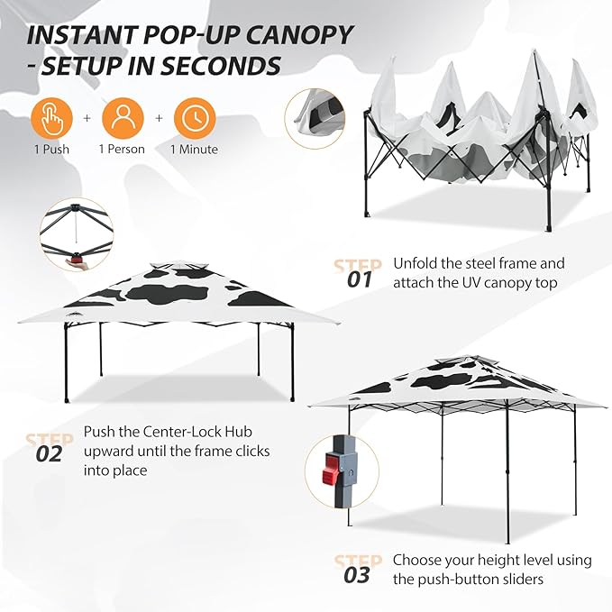 EAGLE PEAK 13x13 Straight Leg Pop Up Canopy Tent Instant Outdoor Canopy Easy Single Person Set up Folding Shelter w/Auto Extending Eaves 169 Square Feet of Shade (Cow Print)