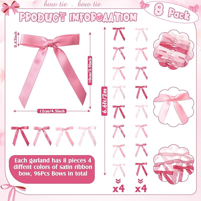 Taobary 8 Pcs 6.6 ft Bow Garland, Satin Ribbon Bow Banner Coquette Hanging Ornament for Photo Backdrop Birthday Party Wedding Bridal Baby Shower Wall Decorations(Elegant Pink,0.63 Inch)