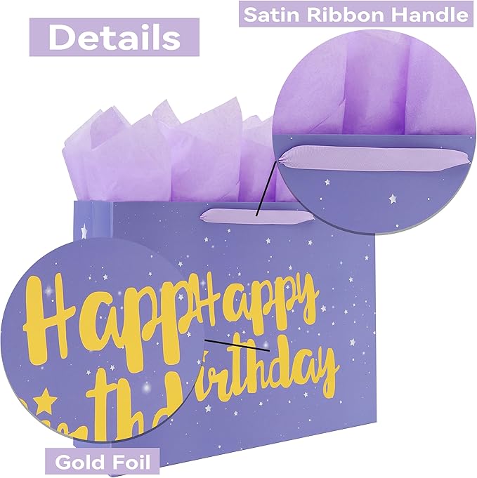Qirrmiy 16.5” Extra Large Purple Happy Birthday Gift Bag Set with Handles, Greeting Card, Tissue Papers and Stickers for Women Girls Kids, Stars Design, 1 Pcs.