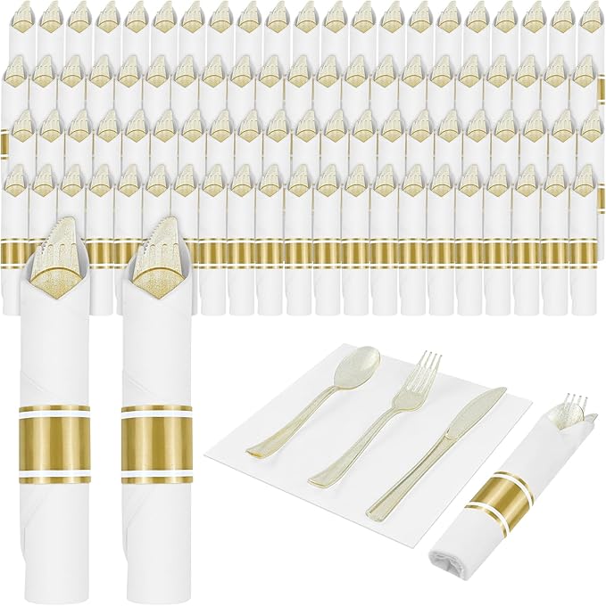100 Pack Pre Rolled Gold Glitter Plastic Silverware Set, Heavy Duty Disposable Cutlery with 100 Forks, 100 Knives, 100 Spoons and Napkins, Wrapped Utensils for Parties Weddings Events